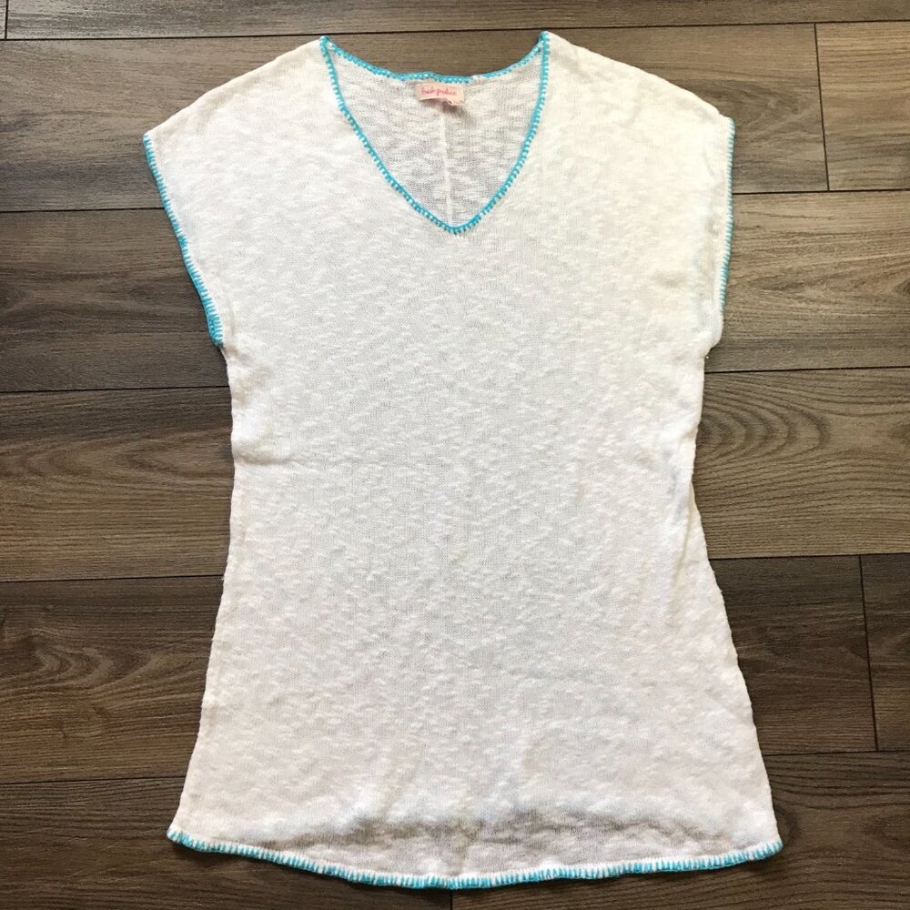 Fresh Produce Swim Cover Women's M/L‎ Sheer White Turquoise Trim Cotton, Linen